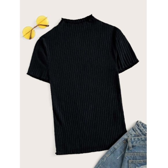 Tops - Black Rib-Knit Mock Neck Lettuce Trim Cotton Tee
